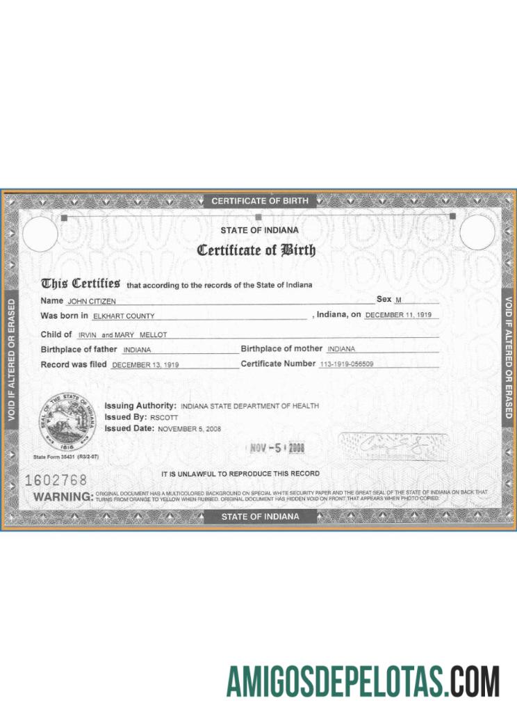 Certidão de nascimento dos EUA Indiana amostra